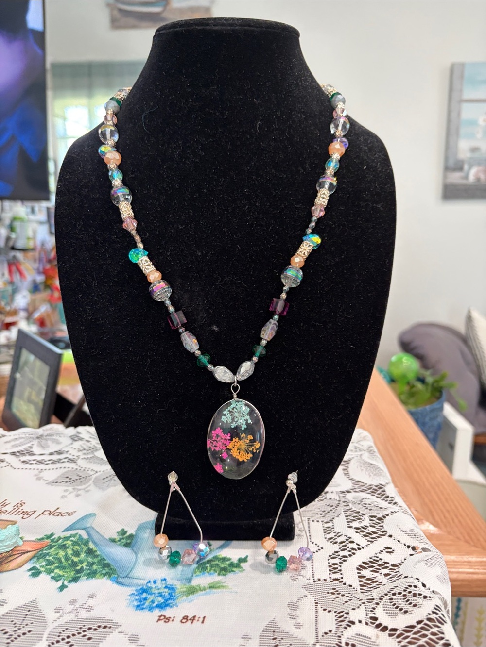 Floral Resin Pendant Necklace in Pink, Teal & Gold